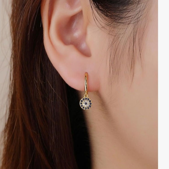 925 sterling Silver Evil Eye Dazzling Blue and Gold Crystal Earrings - Picture 7 of 8